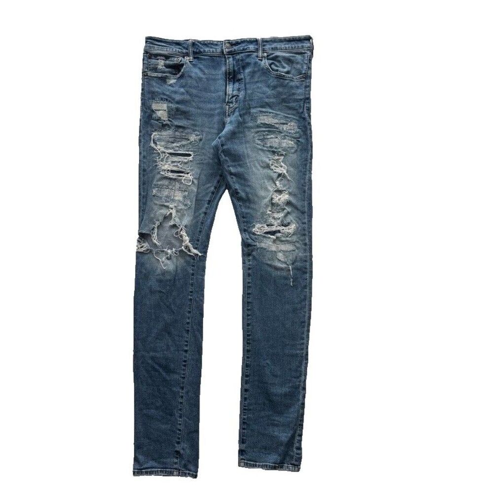 American Eagle Slim Straight Jeans Mens 38x32 AirFlex+ Distressed Ripped Denim
